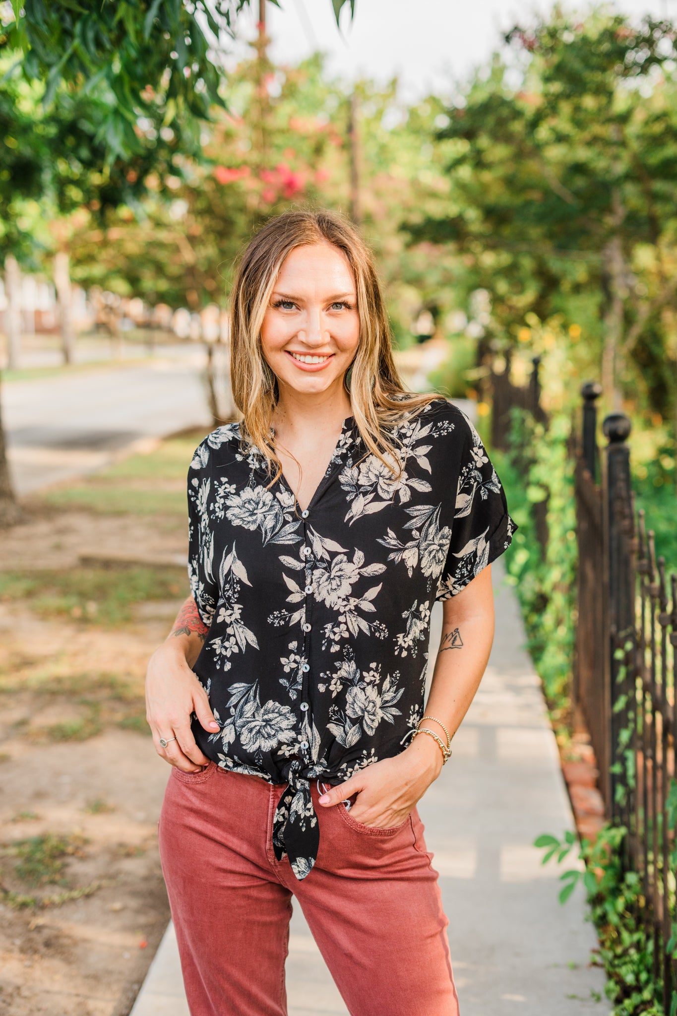 Black Floral Dolman Button Down Blouse