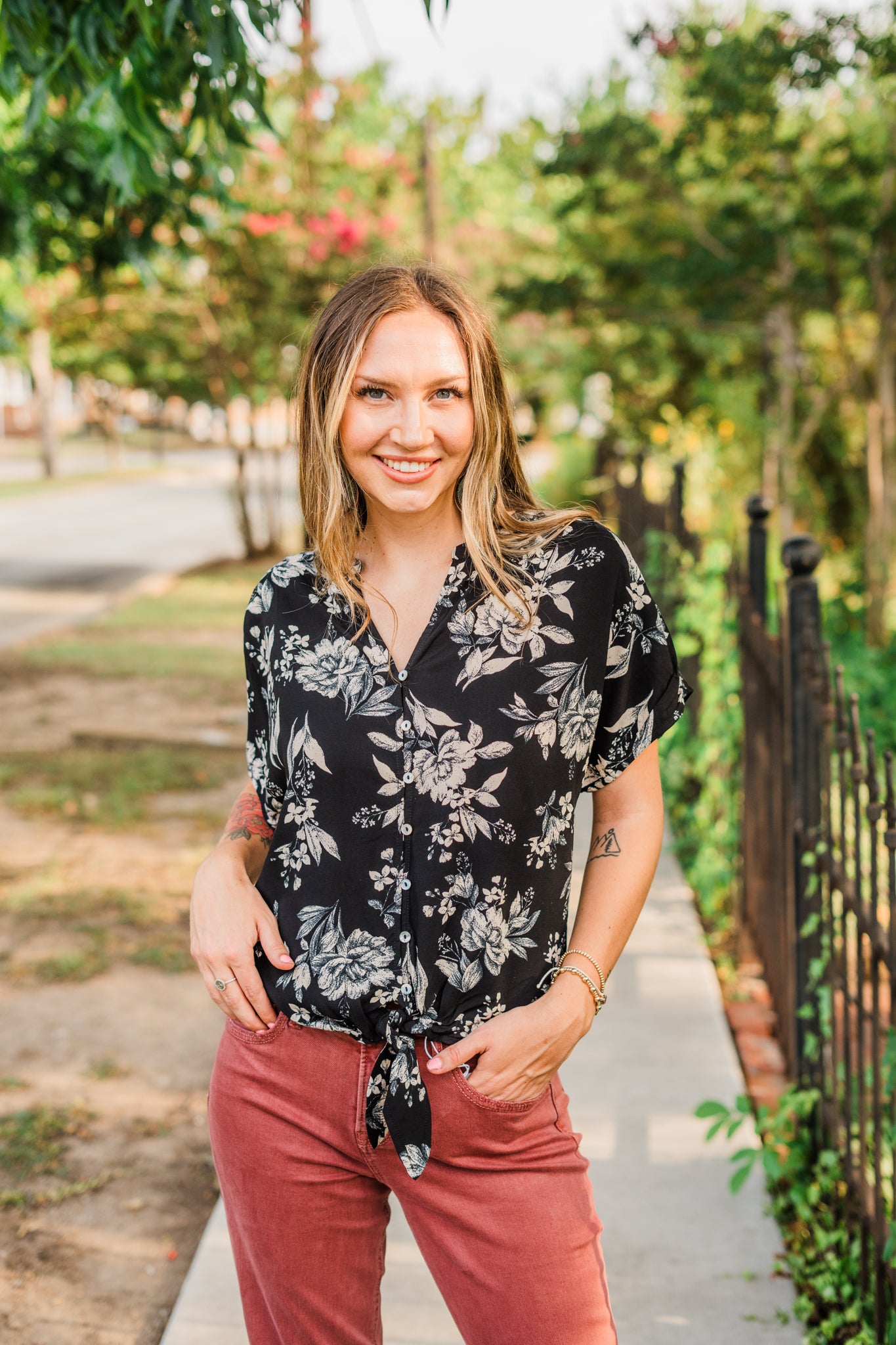 Black Floral Dolman Button Down Blouse