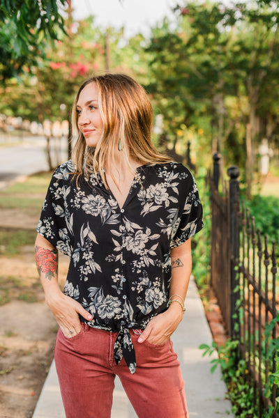 Black Floral Dolman Button Down Blouse