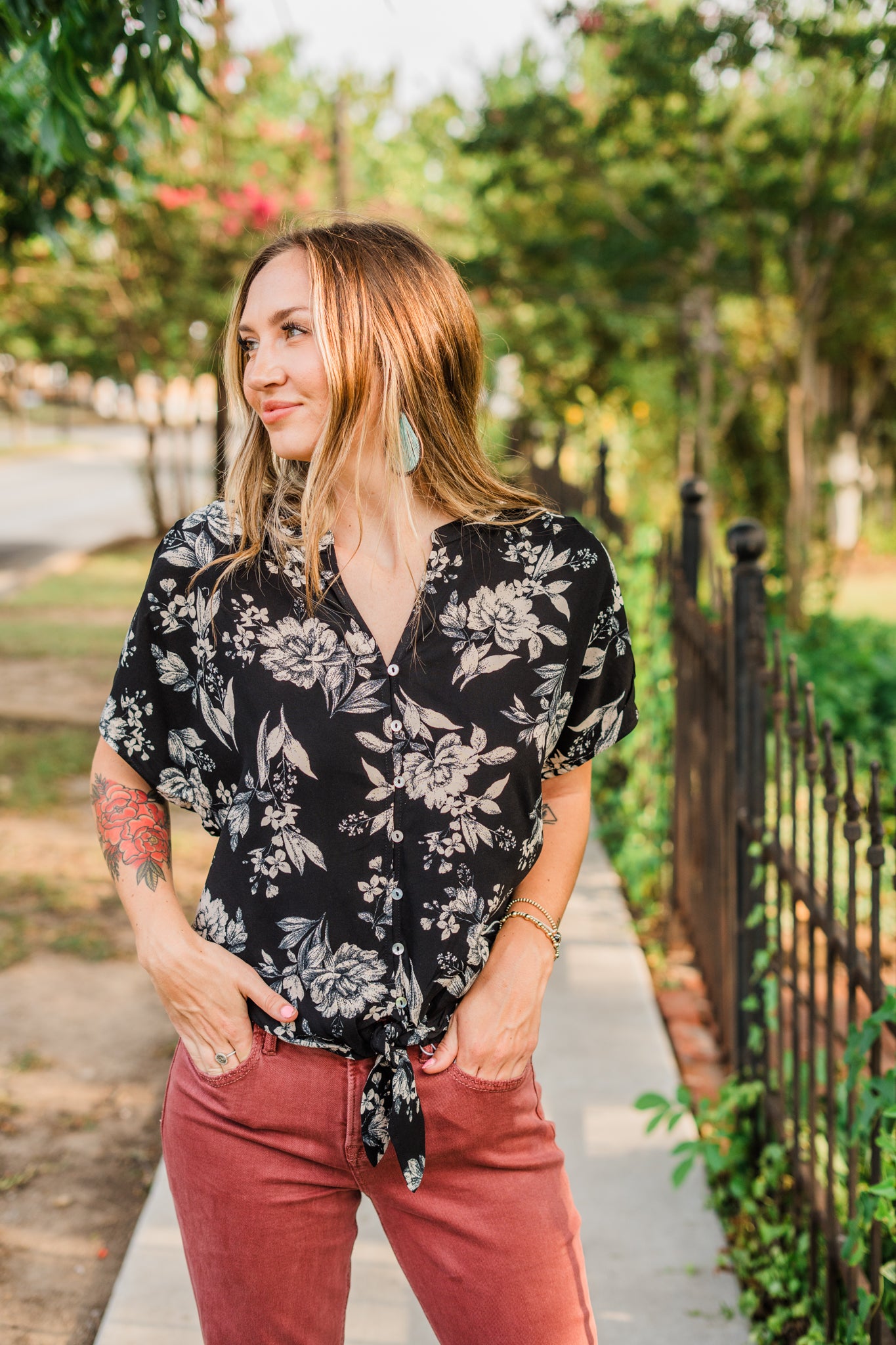 Black Floral Dolman Button Down Blouse