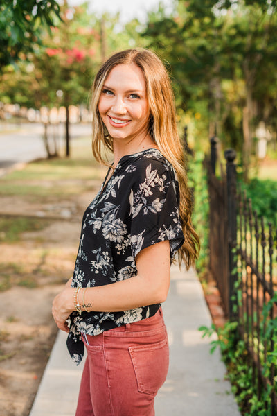 Black Floral Dolman Button Down Blouse