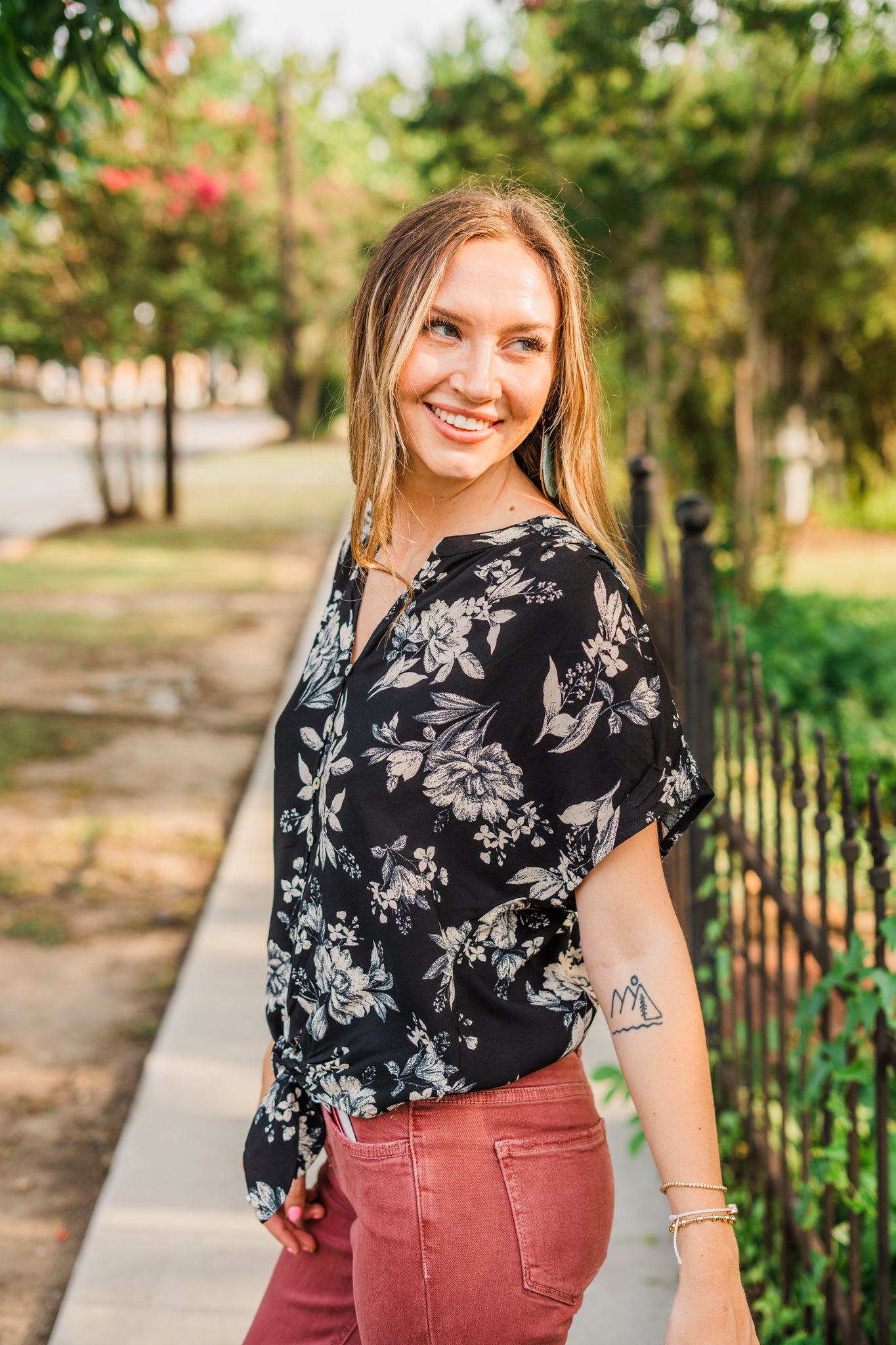 Black Floral Dolman Button Down Blouse