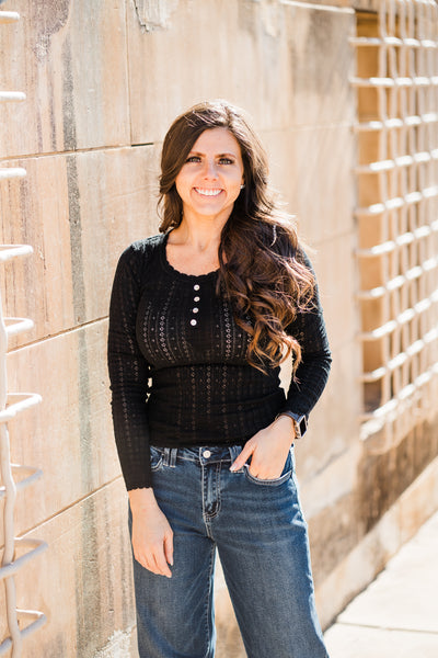 Black Pointelle Scoop Neck Henley Top