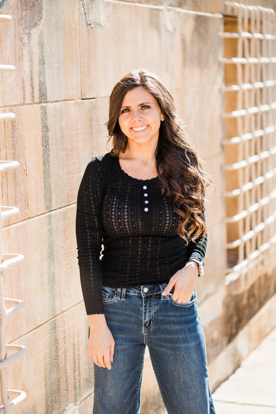 Black Pointelle Scoop Neck Henley Top