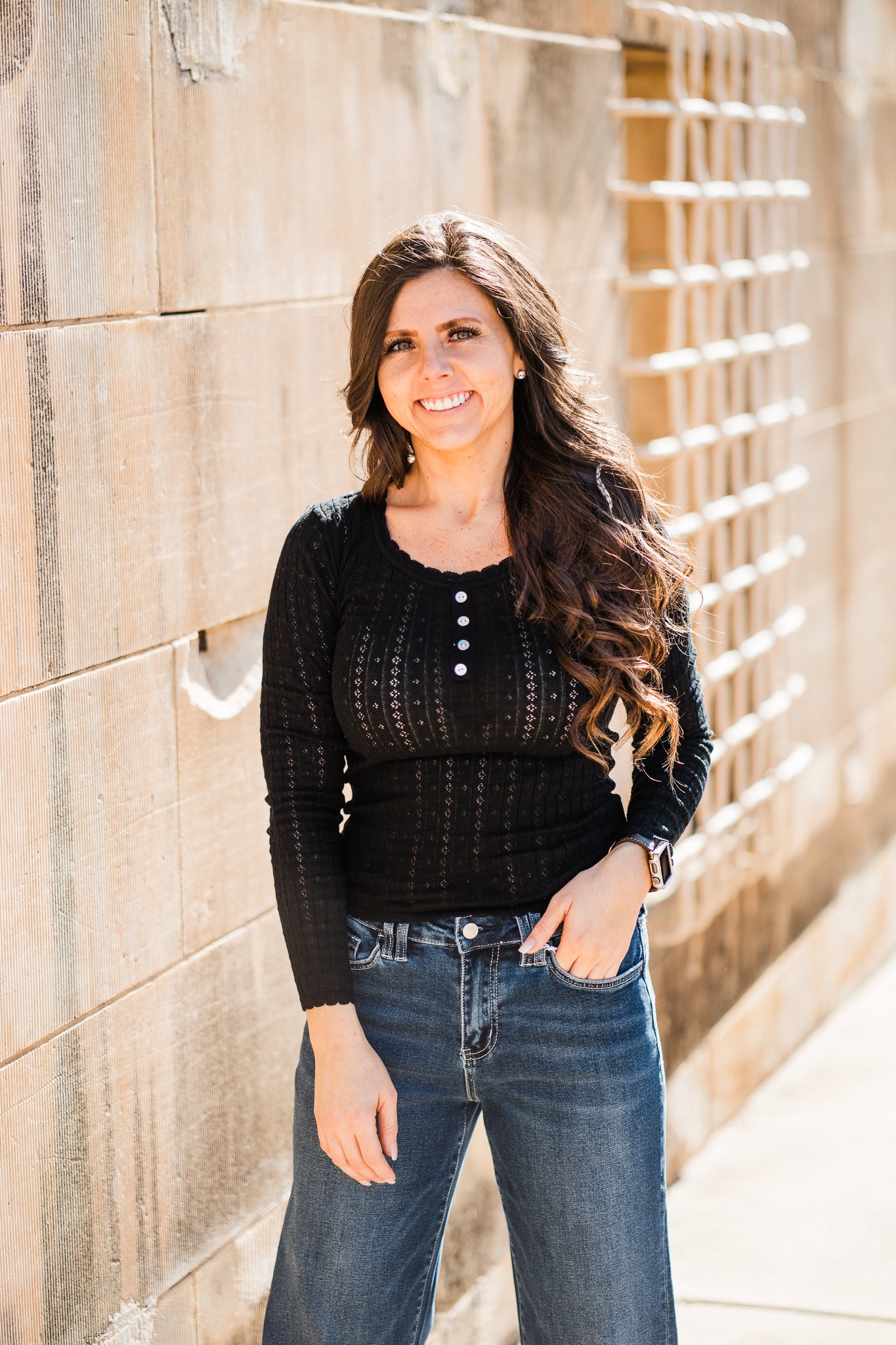 Black Pointelle Scoop Neck Henley Top