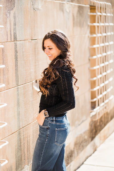 Black Pointelle Scoop Neck Henley Top