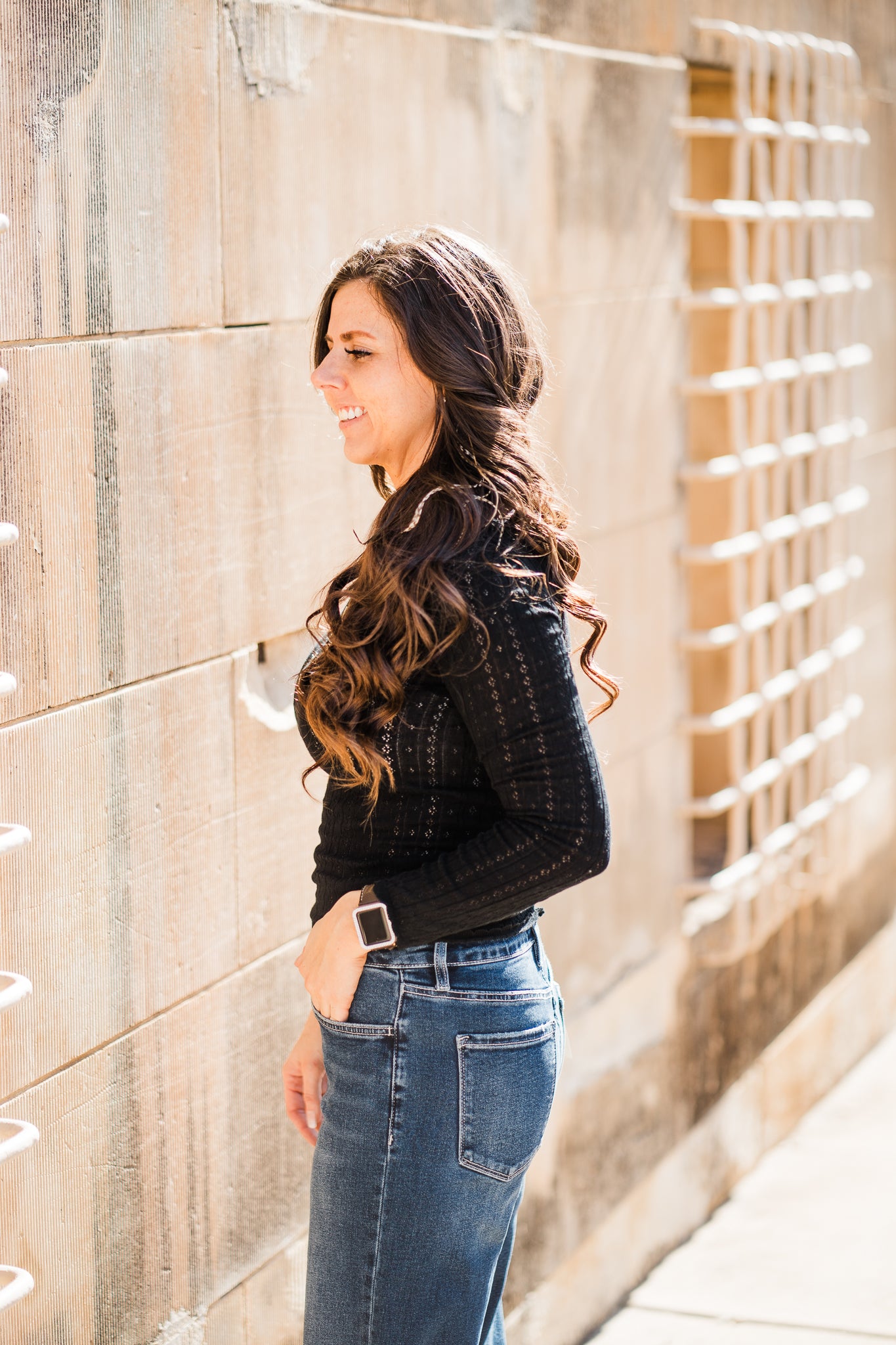 Black Pointelle Scoop Neck Henley Top