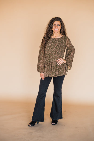 Olive Printed Tunic with Bell Sleeves