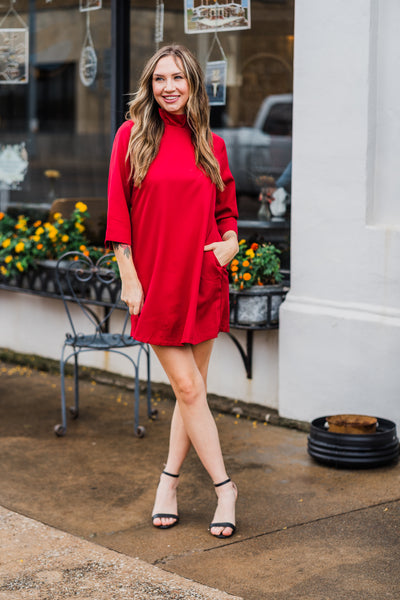 Burgundy Frill Neck Holiday Long Sleeve Dress