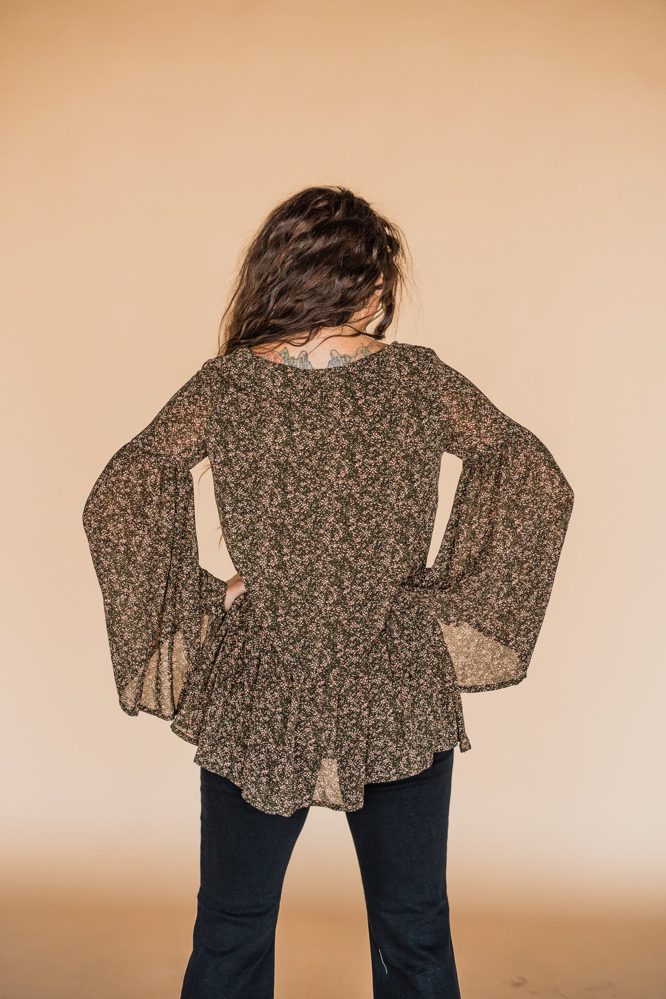 Olive Printed Tunic with Bell Sleeves