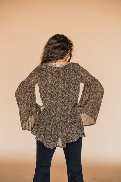 Olive Printed Tunic with Bell Sleeves