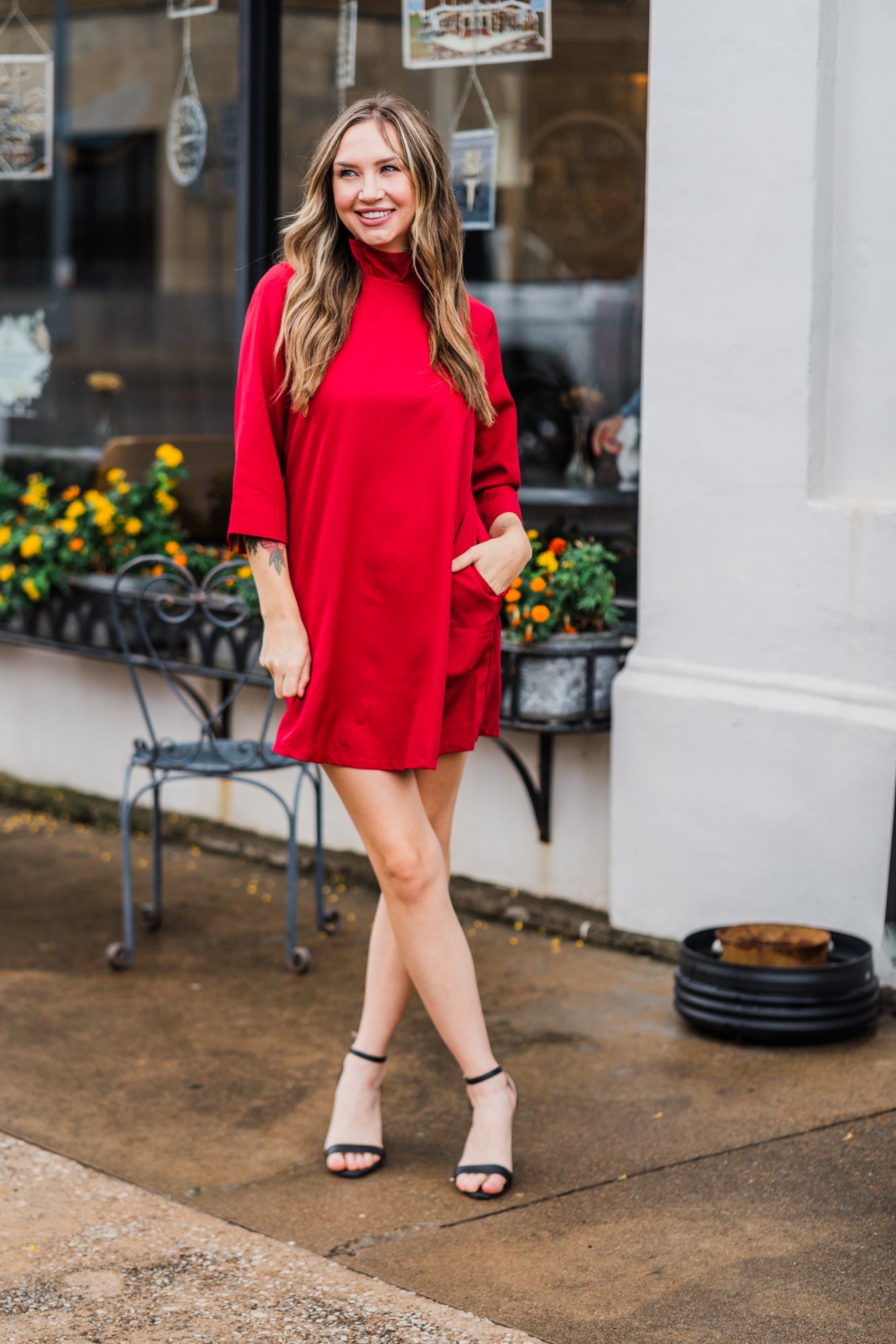 Burgundy Frill Neck Holiday Long Sleeve Dress