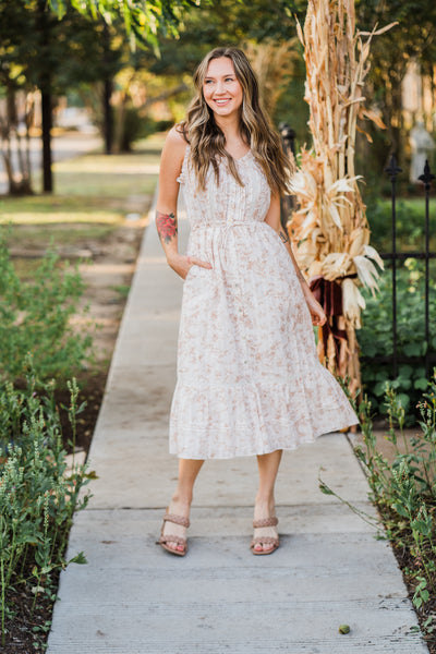 Virginia Midi Dress in White and Brown