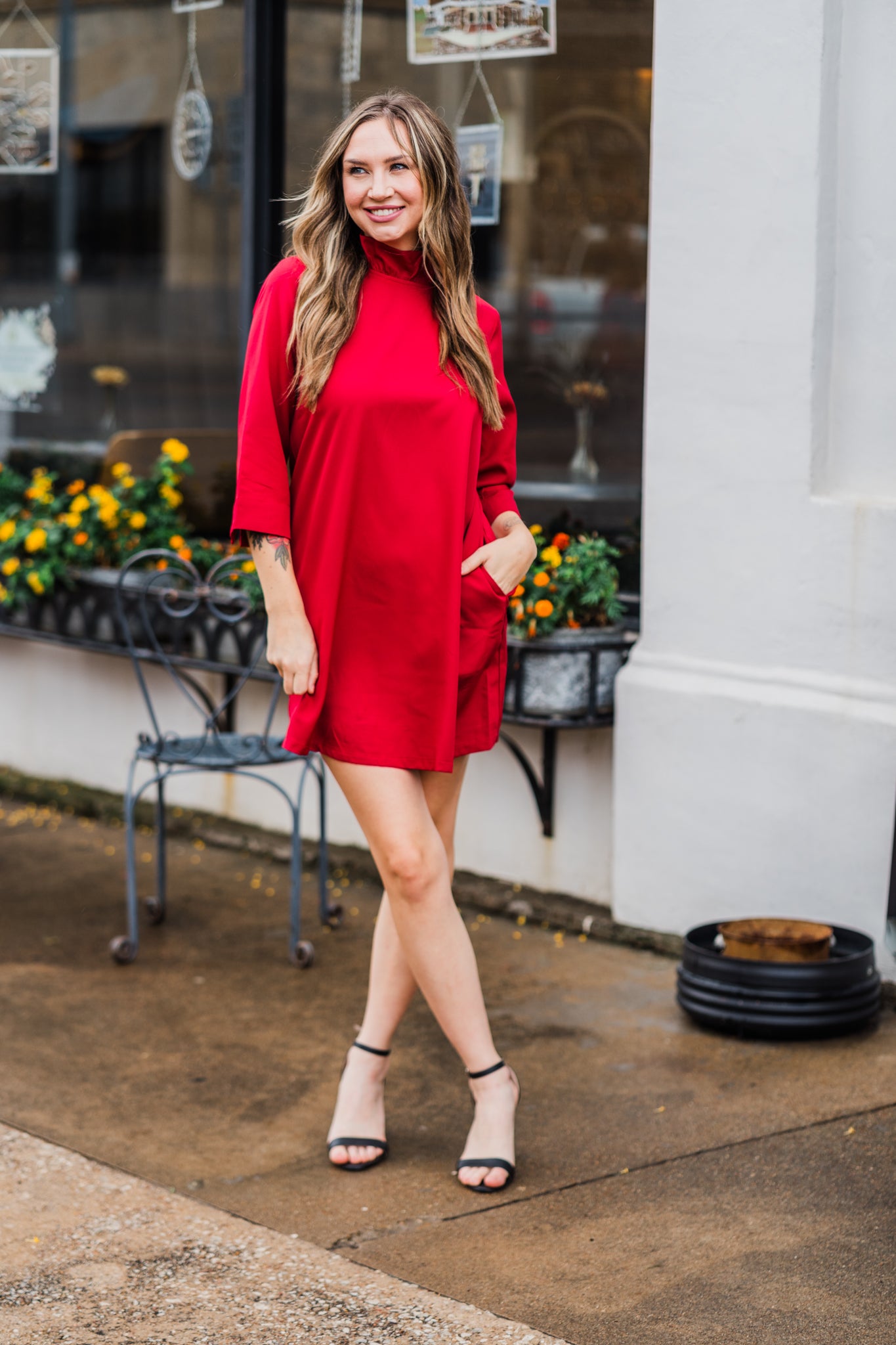 Burgundy Frill Neck Holiday Long Sleeve Dress