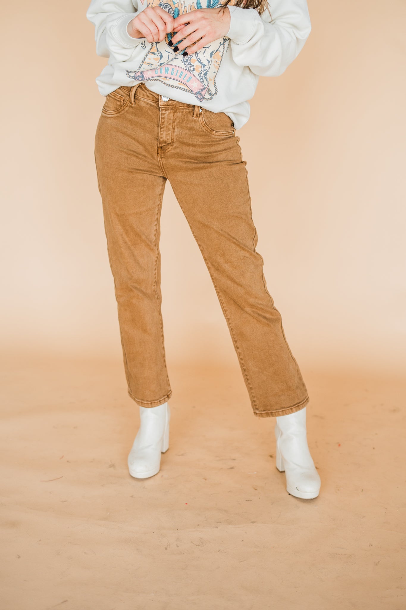 Cappuccino Mid-Rise Straight Crop Jeans