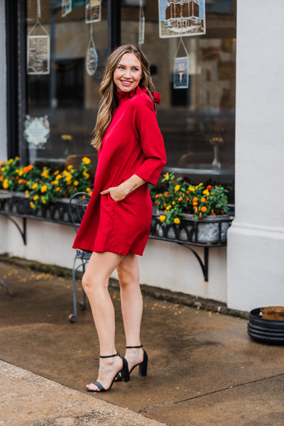 Burgundy Frill Neck Holiday Long Sleeve Dress