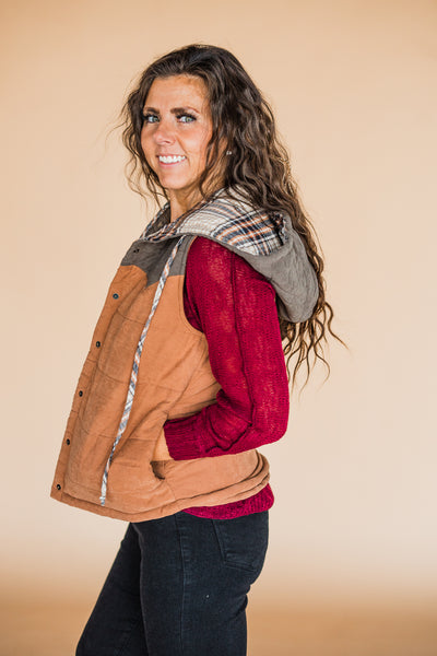 Olive and Burnt Orange Plaid Hoodie Vest