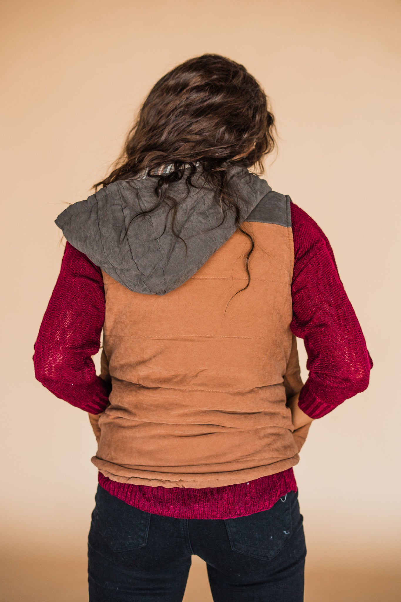Olive and Burnt Orange Plaid Hoodie Vest