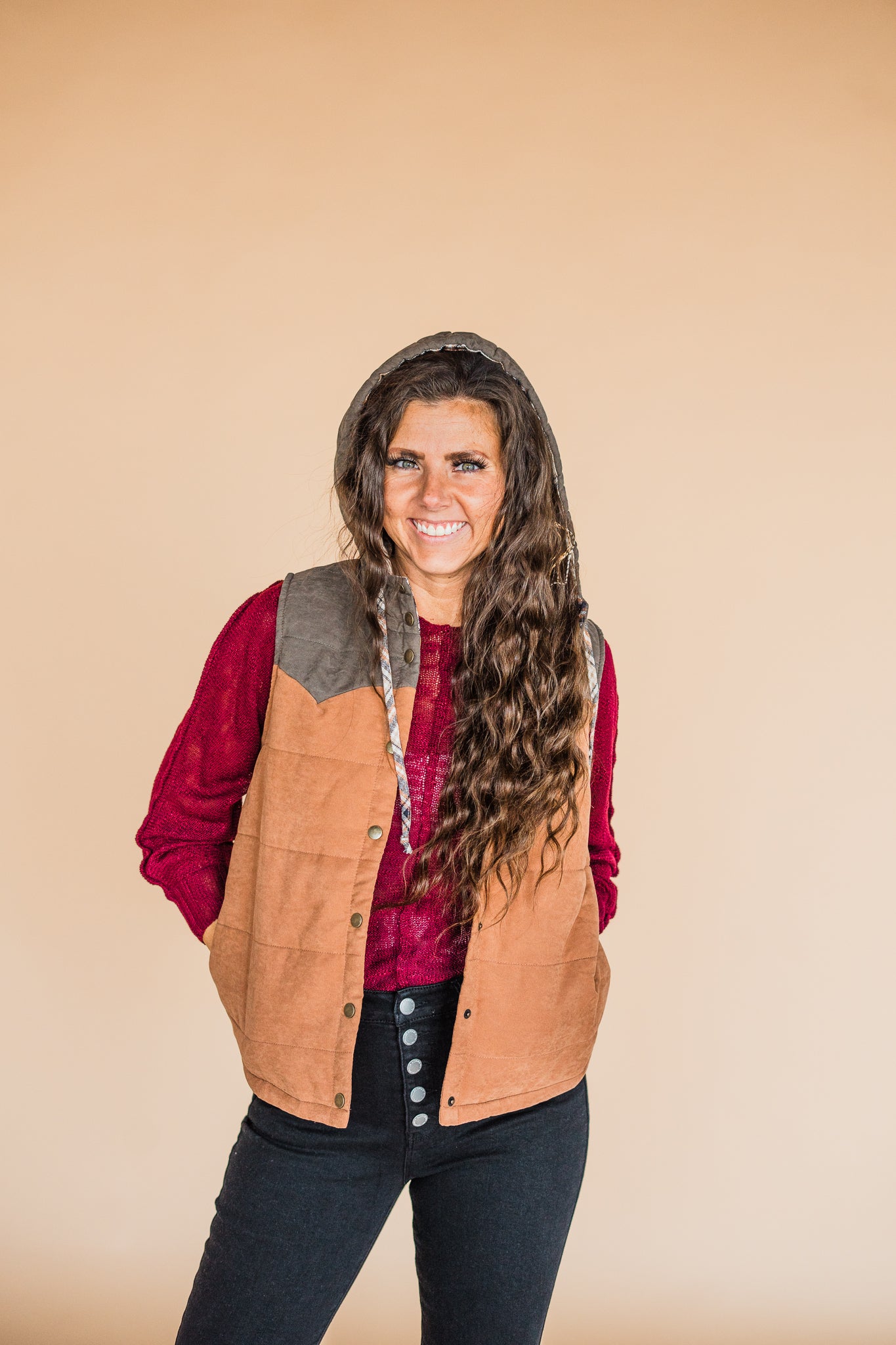 Olive and Burnt Orange Plaid Hoodie Vest