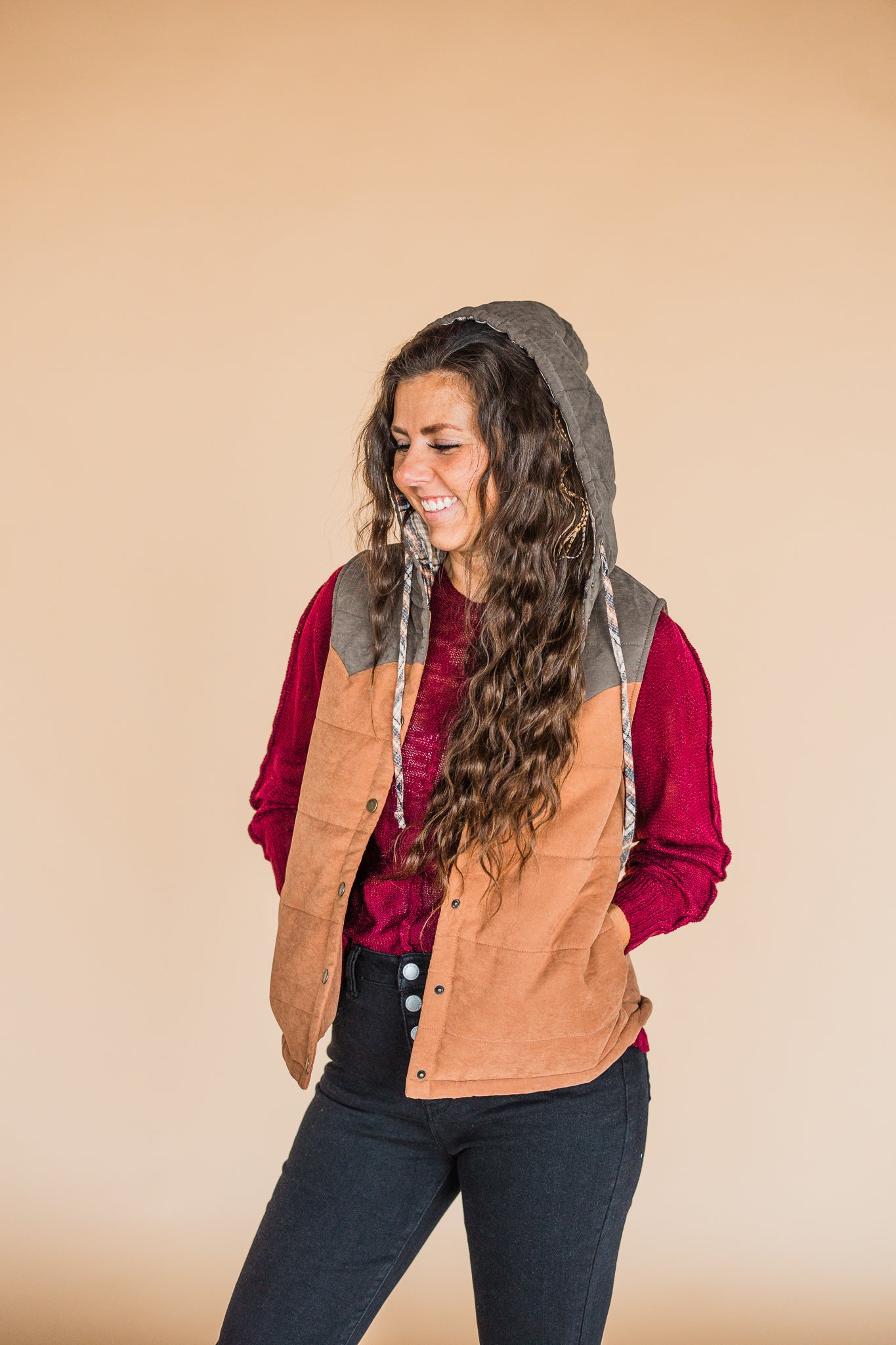 Olive and Burnt Orange Plaid Hoodie Vest