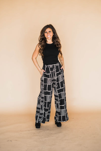 Black and Taupe Abstract Wide Leg Pants