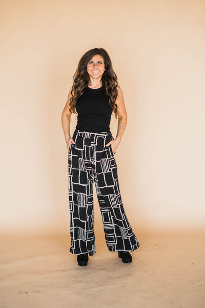 Black and Taupe Abstract Wide Leg Pants