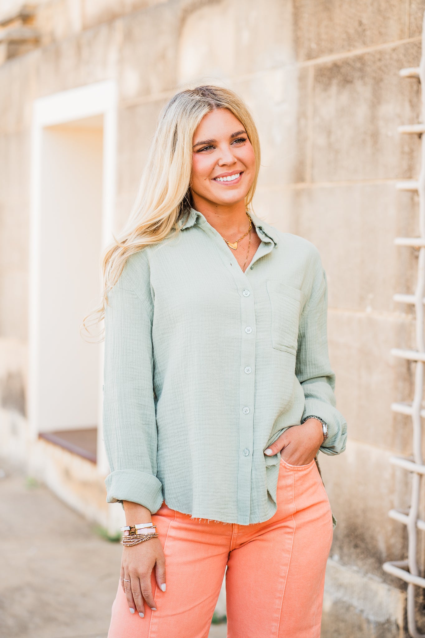 Sage Gauze Button Down Shirt