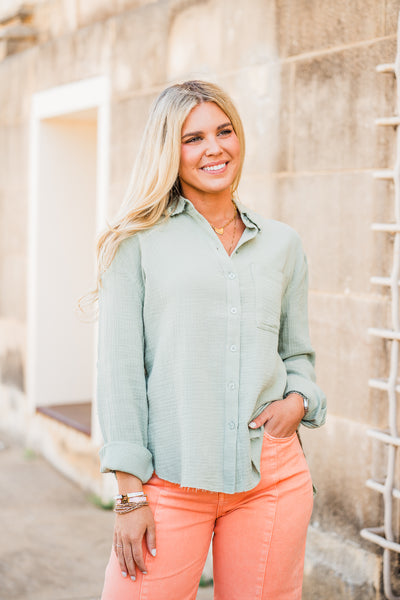 Sage Gauze Button Down Shirt
