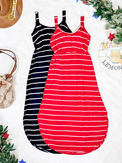 IN STOCK Reagan Ribbed Midi Dress - Midnight Navy Stripes