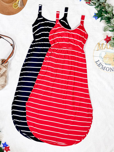 IN STOCK Reagan Ribbed Midi Dress - Midnight Navy Stripes