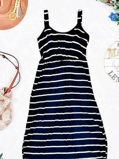 IN STOCK Reagan Ribbed Midi Dress - Midnight Navy Stripes