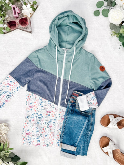 IN STOCK Colorblock Fullzip - Sage, Navy, Floral Paradise