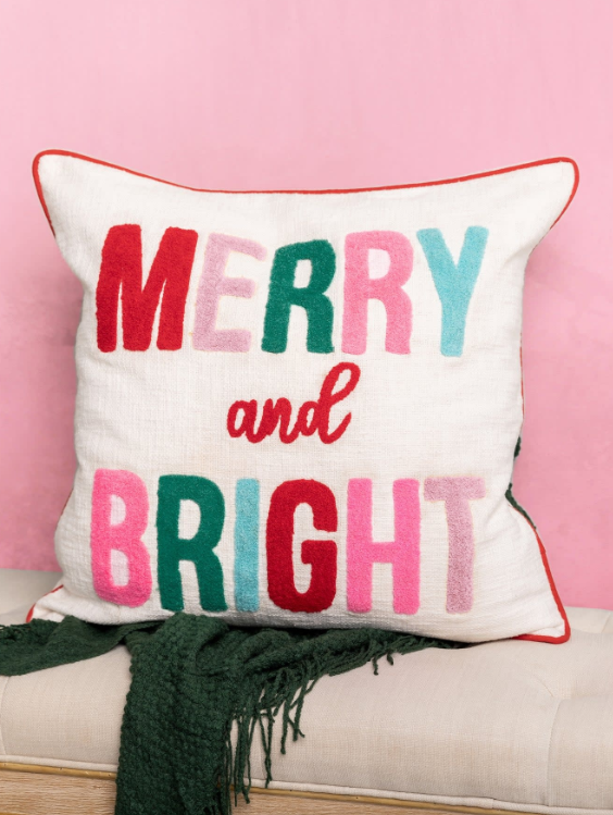Mary Square Embroidered Merry & Bright Pillow