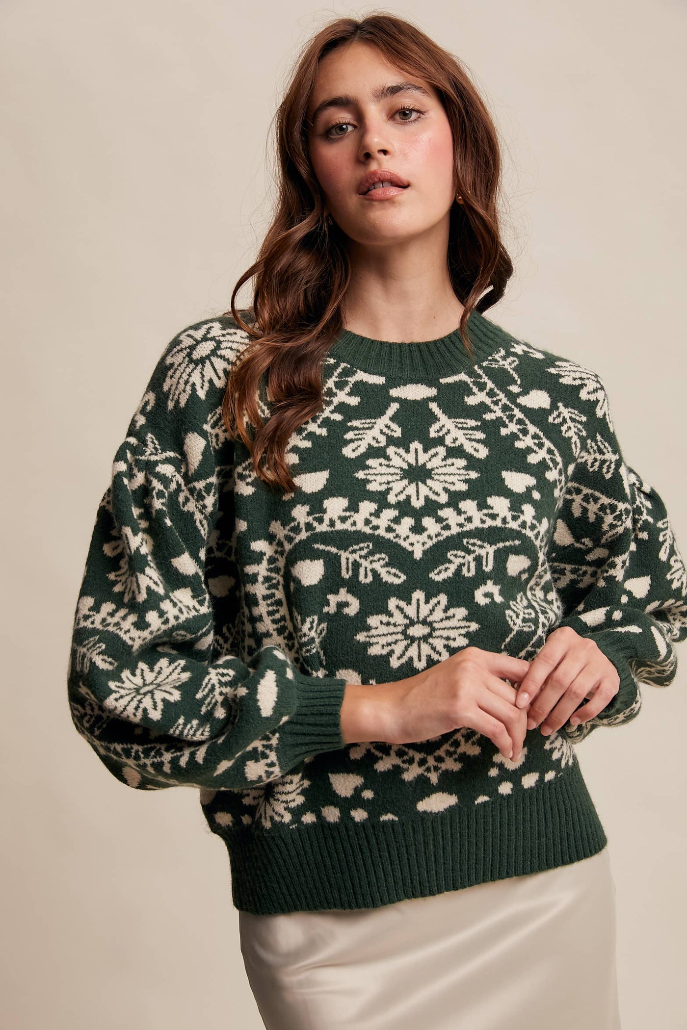 Heart Jacquard Knit Sweater: Deep Green