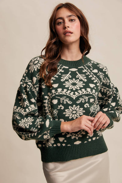 Heart Jacquard Knit Sweater: Deep Green