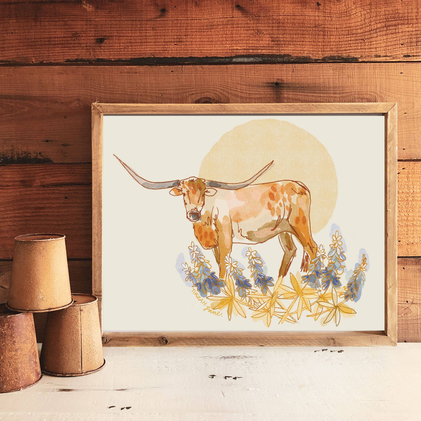 Texas Longhorn and Bluebonnet Western Home Art Print: 8x10