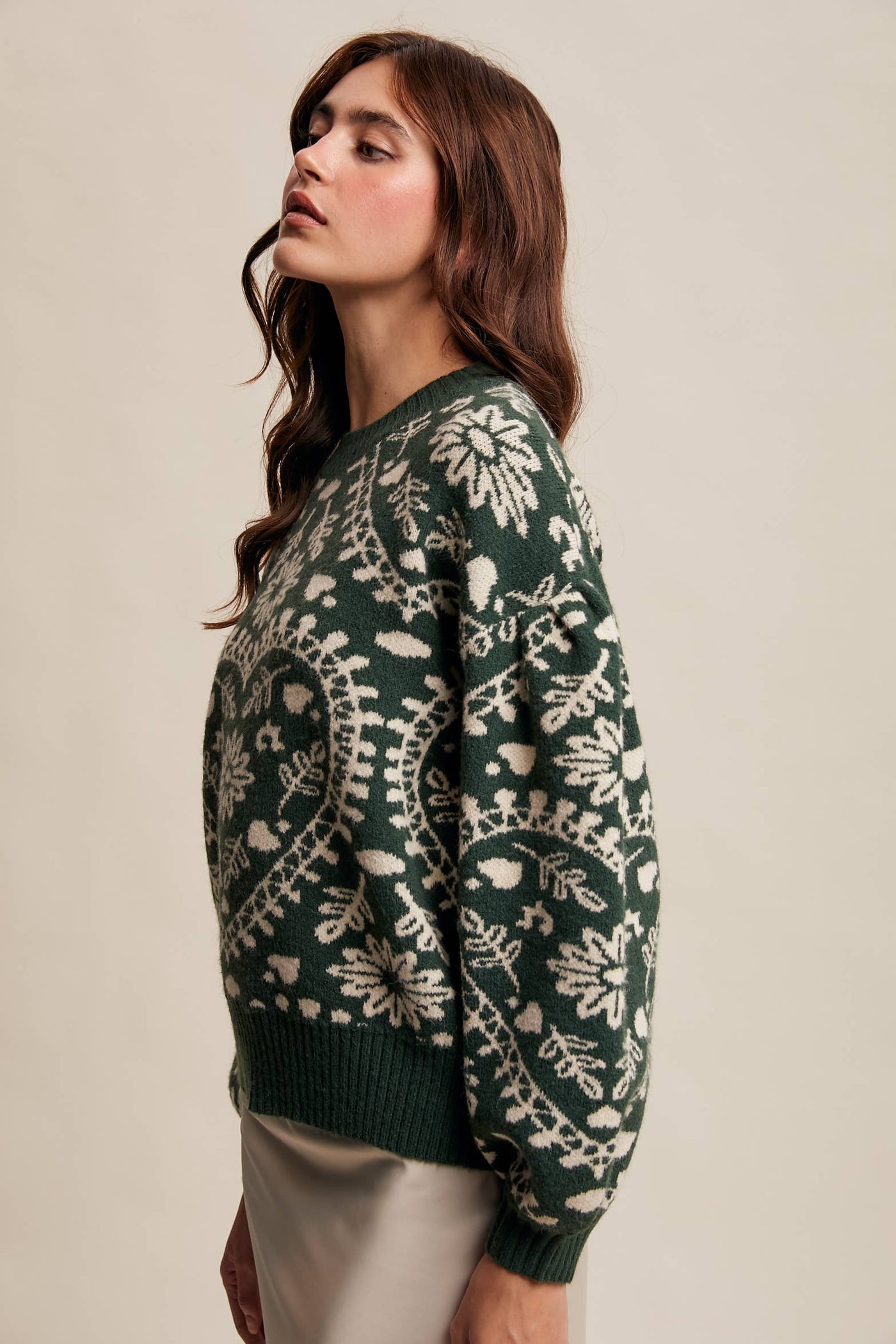 Heart Jacquard Knit Sweater: Deep Green