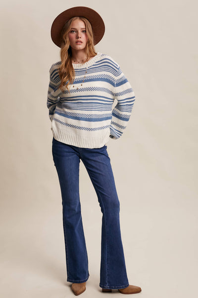Cream & Blue Striped Knit Sweater