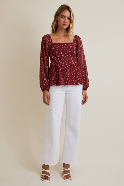 Burgundy Floral Square Neck Blouse