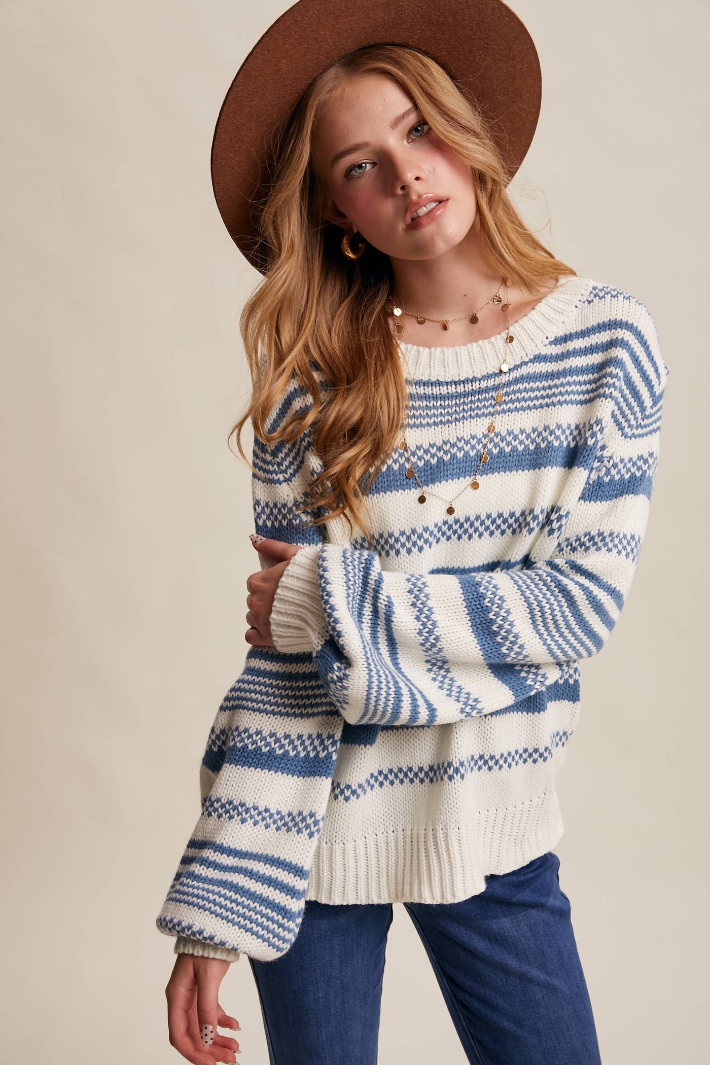 Cream & Blue Striped Knit Sweater
