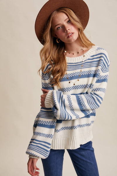 Cream & Blue Striped Knit Sweater