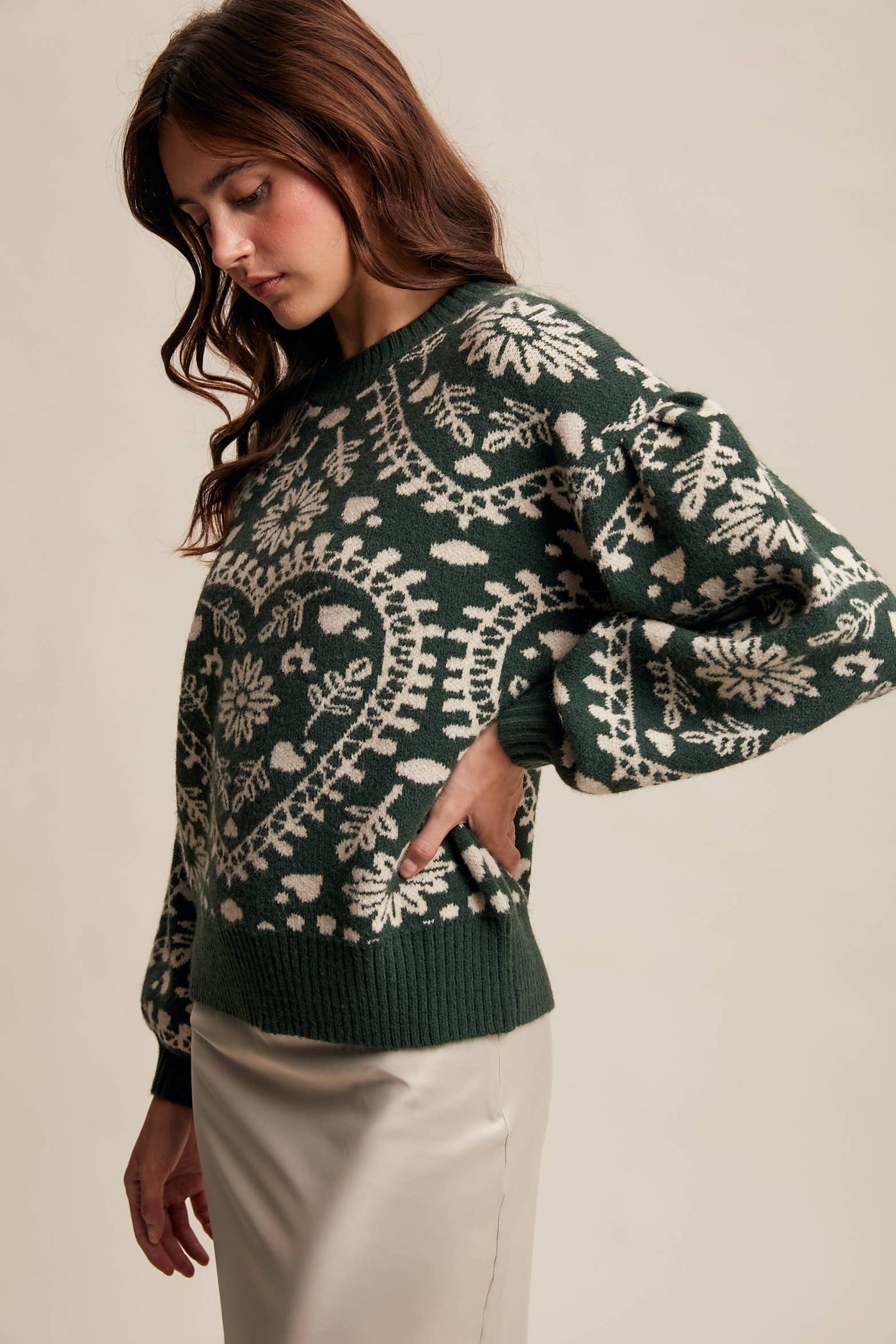Heart Jacquard Knit Sweater: Deep Green