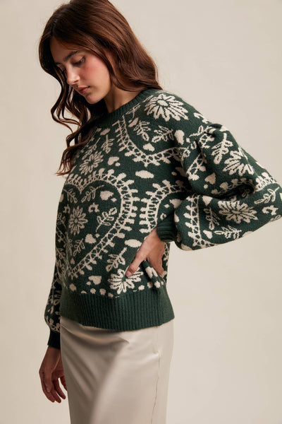 Heart Jacquard Knit Sweater: Deep Green