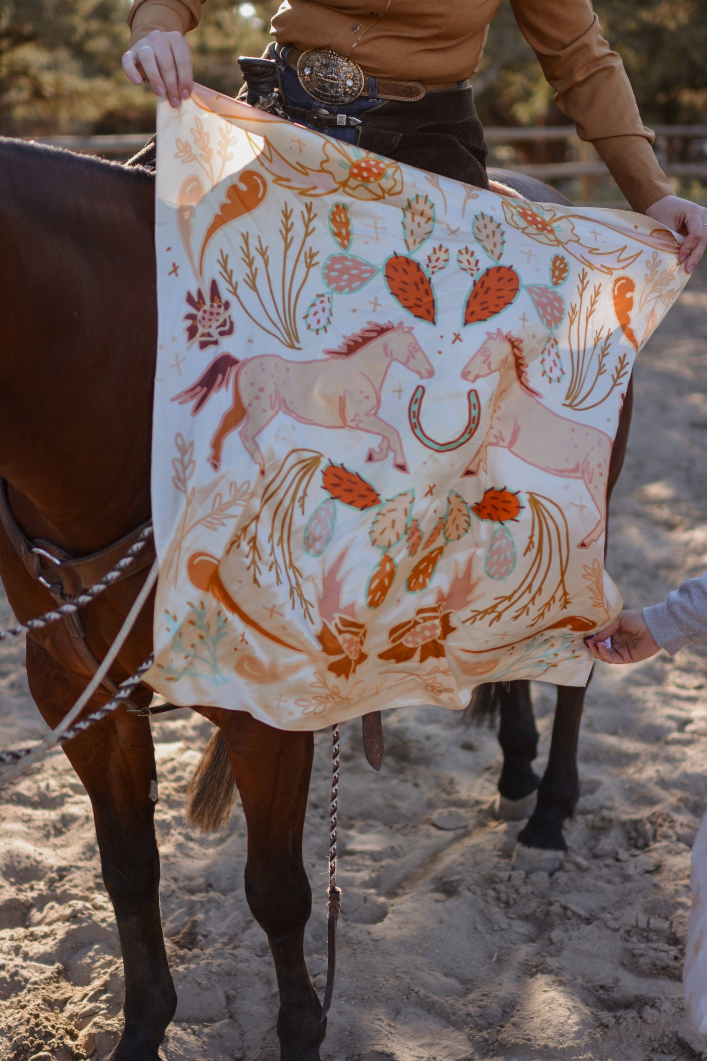 Wild Horse Prairies in Peach Cowgirl Scarf: 35x35 Western Mulberry Silk Wild Rag Cowgirl Giftable Item