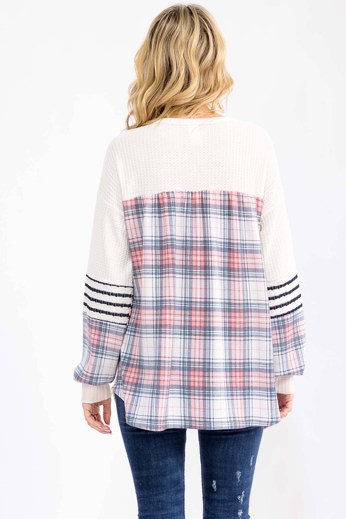 Cream Waffle Knit Plaid and Stripe Top