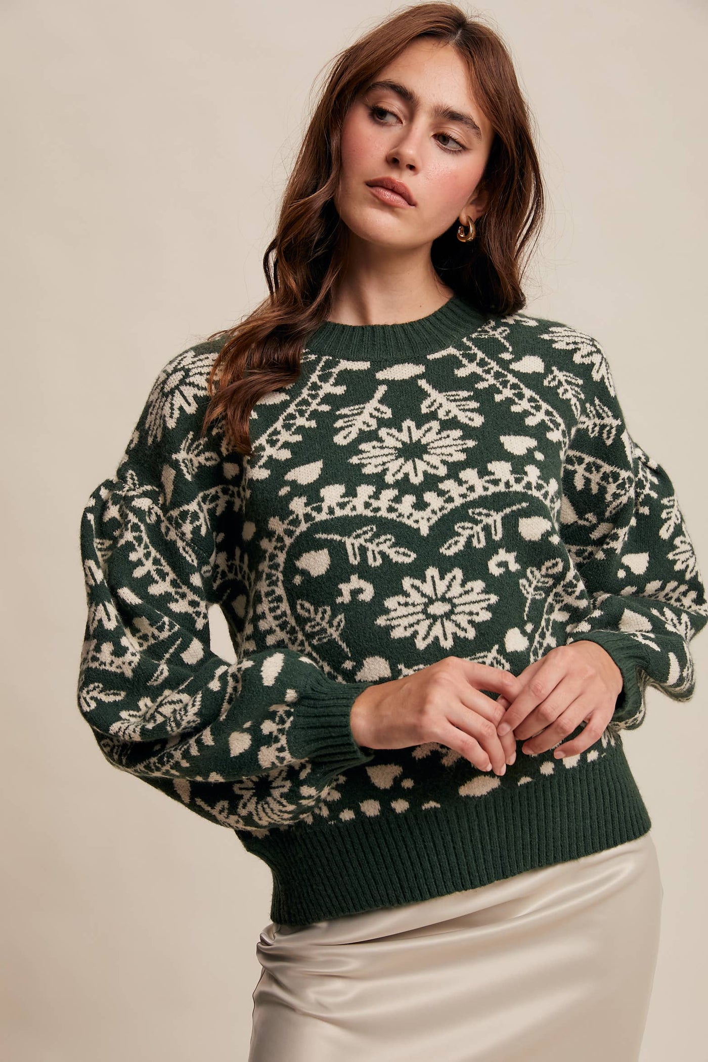 Heart Jacquard Knit Sweater: Deep Green