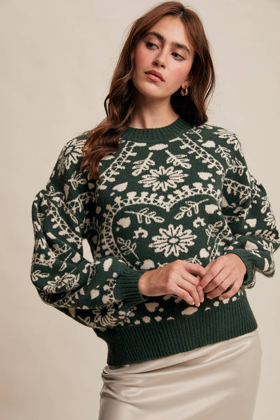 Heart Jacquard Knit Sweater: Deep Green
