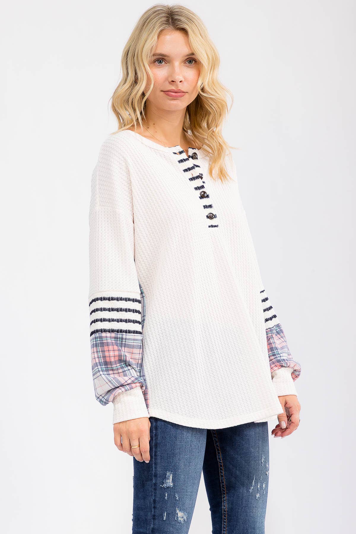 Cream Waffle Knit Plaid and Stripe Top