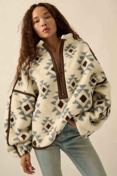 Geo Print Sherpa Fleece Half Zip Pullover