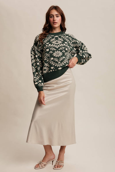 Heart Jacquard Knit Sweater: Deep Green